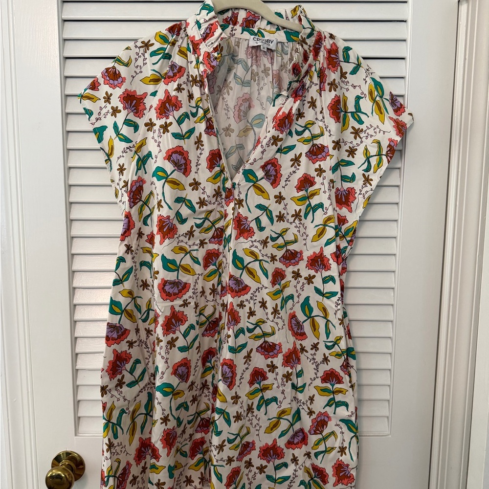crosby. White Floral Print Shift Dress with Red, Green & Yellow Accents